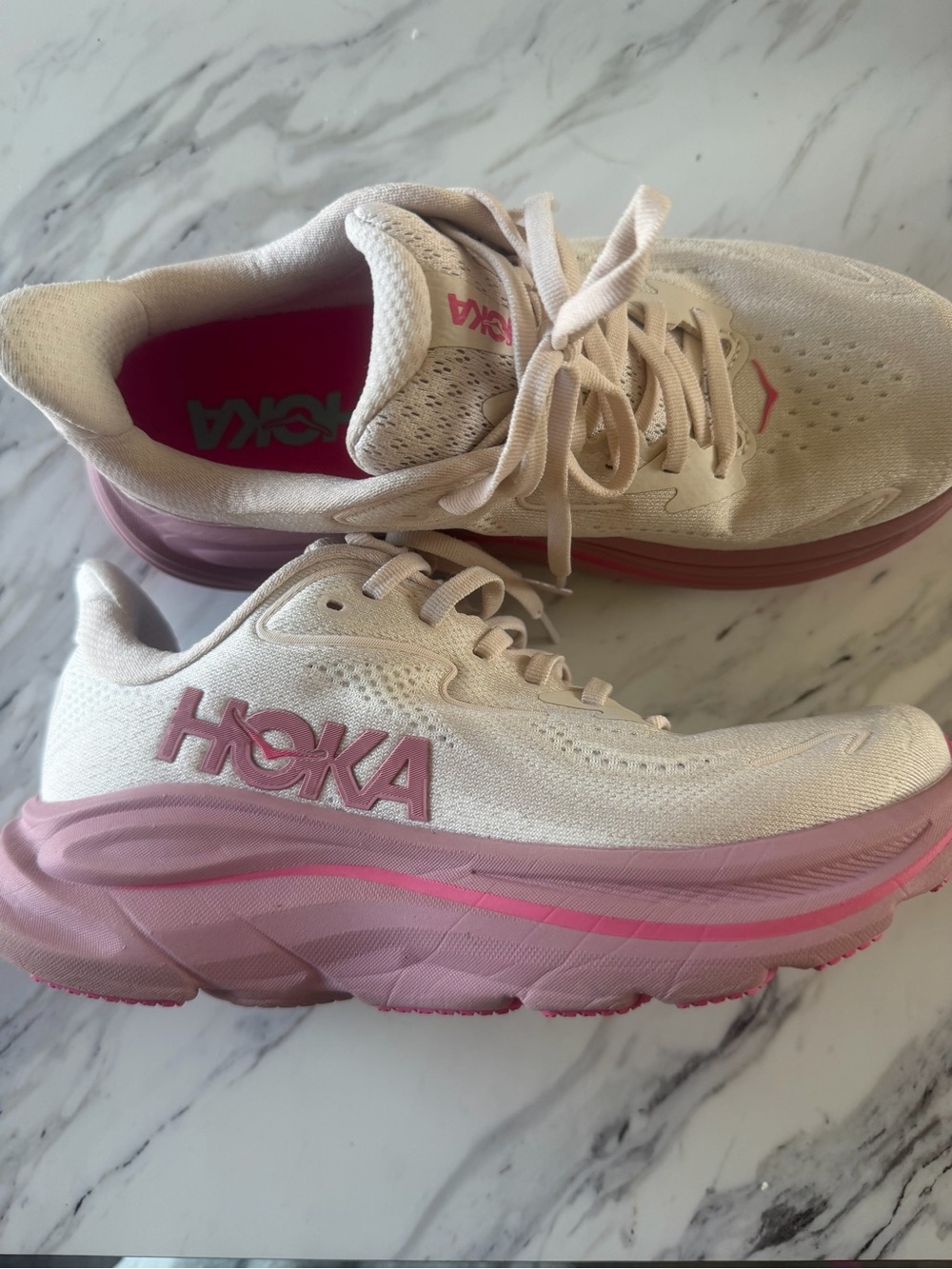 Hoka Women's Athletic Running Shoes - Cream and Pink